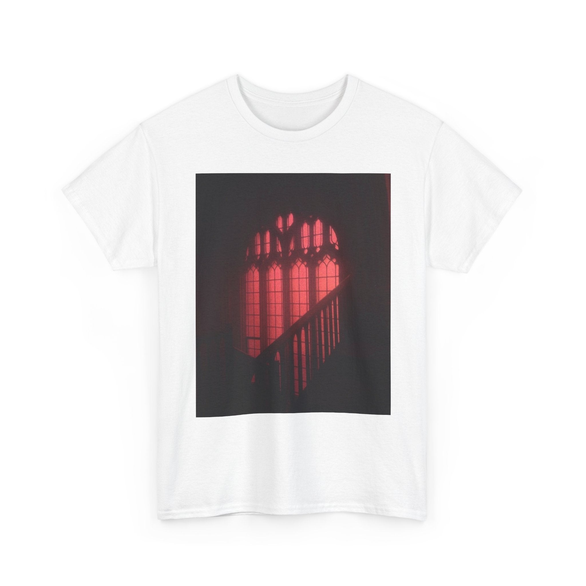 Gothic Red Window Tee | Unisex Heavy Cotton Shirt for Art Lovers, Photography, Aesthetic Fashion, Unique Gift Ideas, Casual Wear